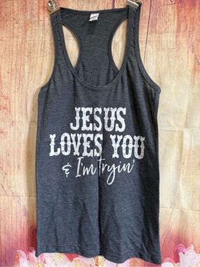 Grey Graphic Racerback Tank "JESUS LOVES YOU"